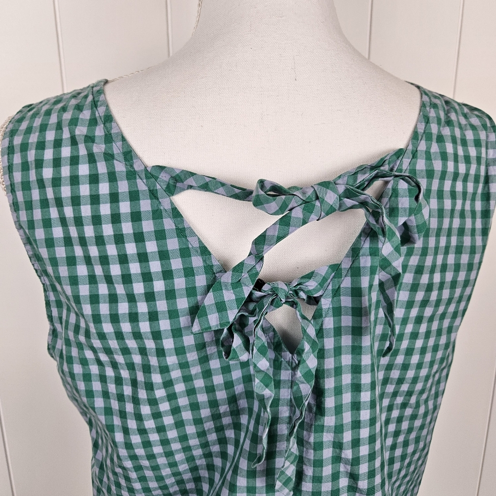 Medium J Crew Gingham Peplum Sleeveles Top Tank Bow Back Blue Green - Picture 4 of 9